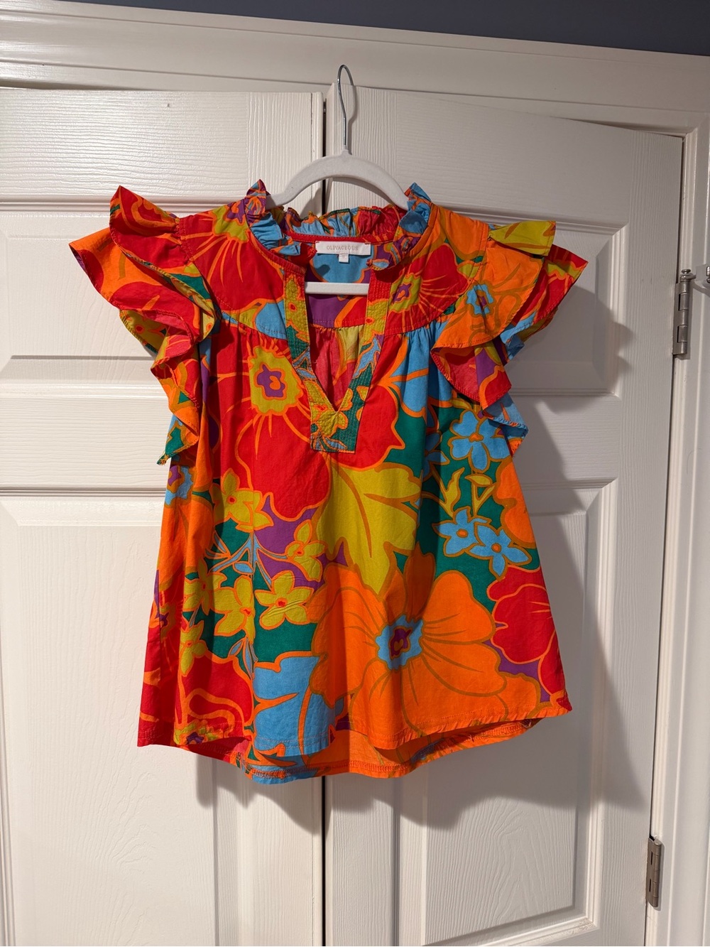 Olivaceous Bright Floral Ruffle Sleeve Top - Orange, Red, Blue, Yellow